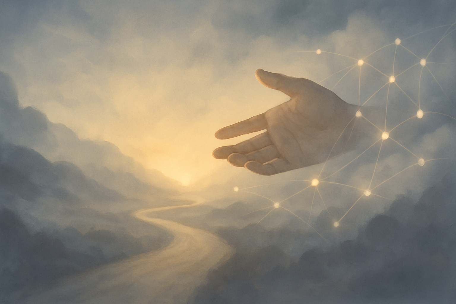 Image depicting a supportive hand and a path through a misty landscape