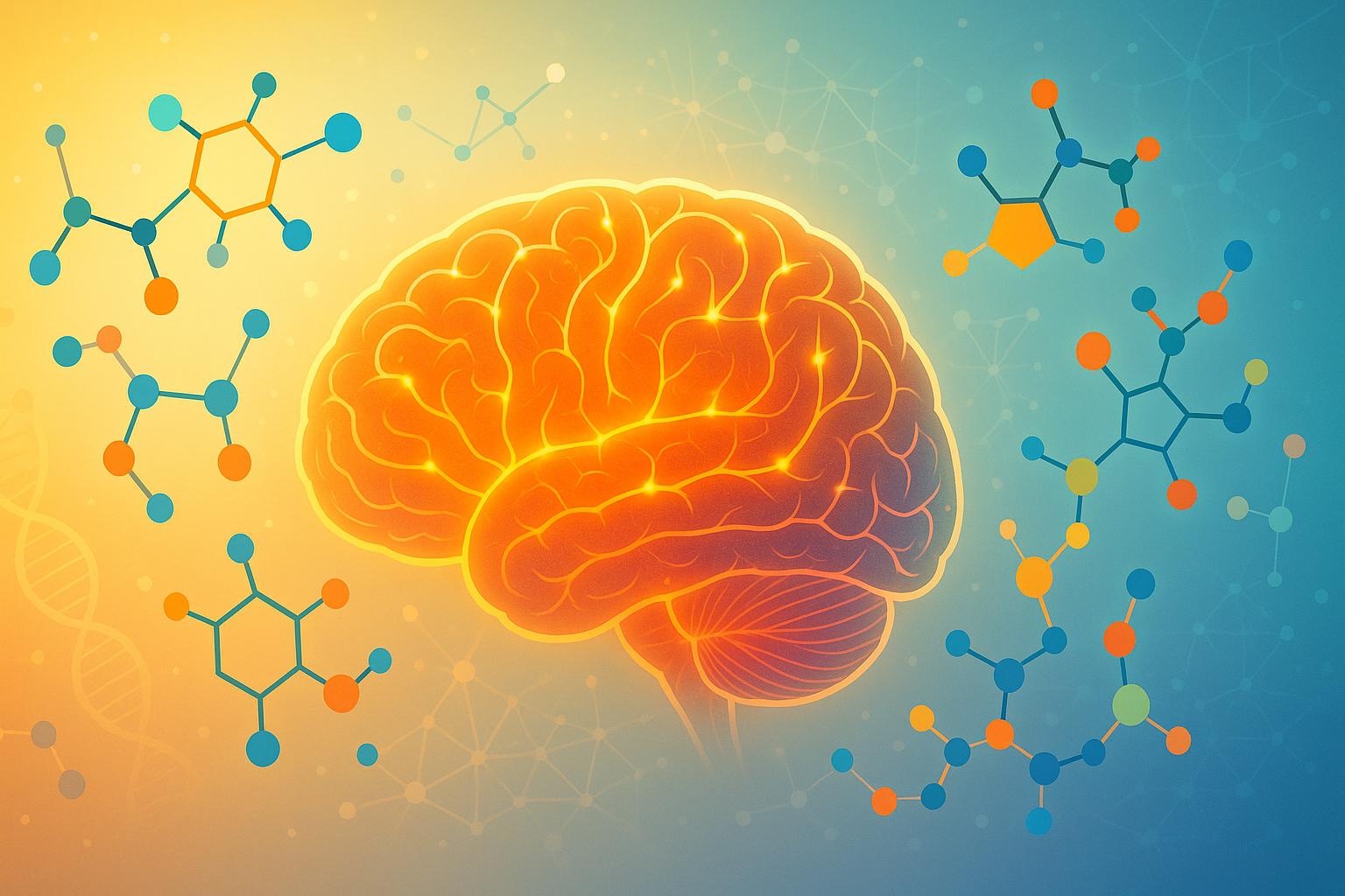 Colorful brain illustration showing happiness chemicals
